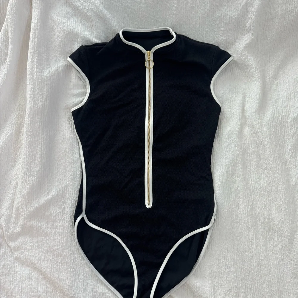 Seafolly Black One-Piece Zip Front Swimsuit with White Trim - Picture 4 of 6